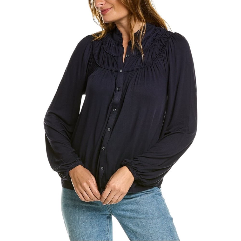 NWT Boden Rouched Yoke Jersey Shirt Navy Blue Button Up Flowy Top US Size 12